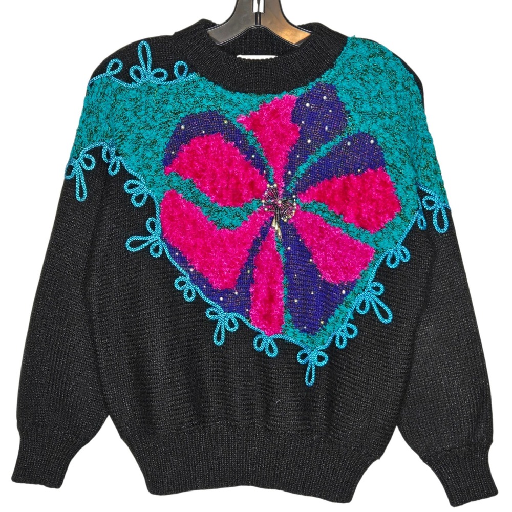 VTG 90S Jaclyn Smith Beaded Knit Floral Sweater Black Teal Magenta Medium